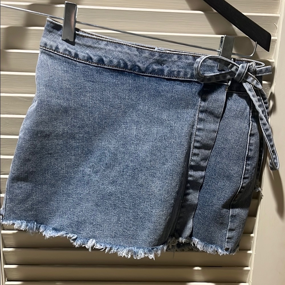 Denim Wrap Skirt with Frayed Hem